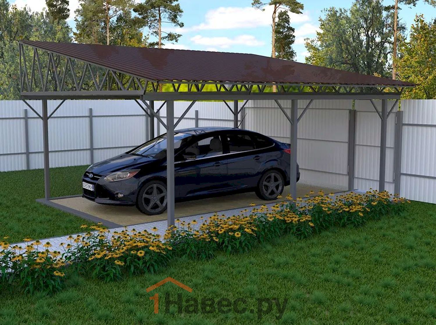 Односкатный автомобильный навес для дачи